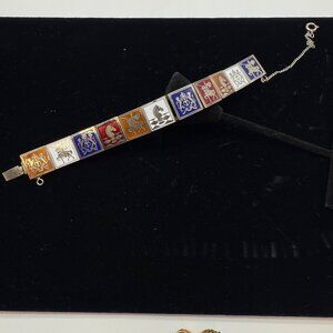 Vintage Enameled Heraldic Bracelet Chess Knight Coat of Arms Panel Safety Chain